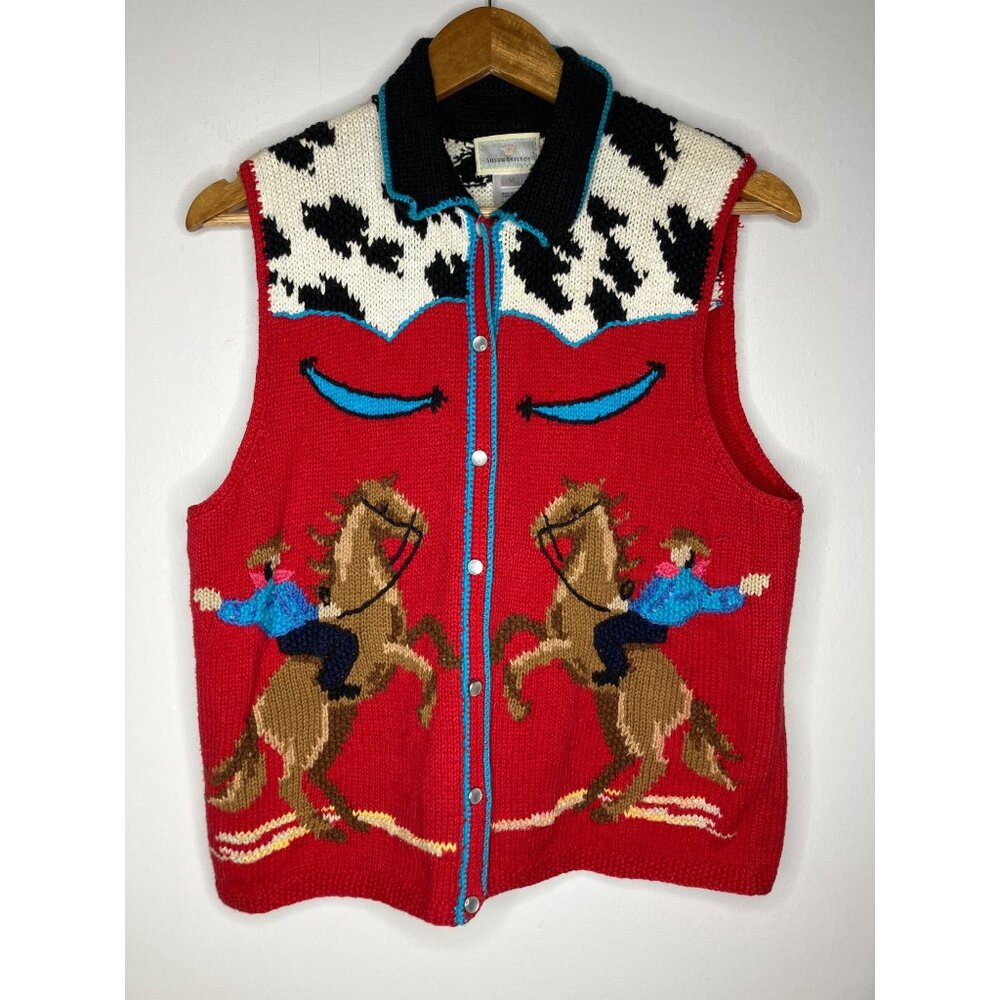 Vintage Susan Bristol Hand Knit Western Vest Red Cow Print Cowboy Womens Medium